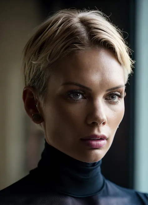 a close up of a woman with a black turtle neck top