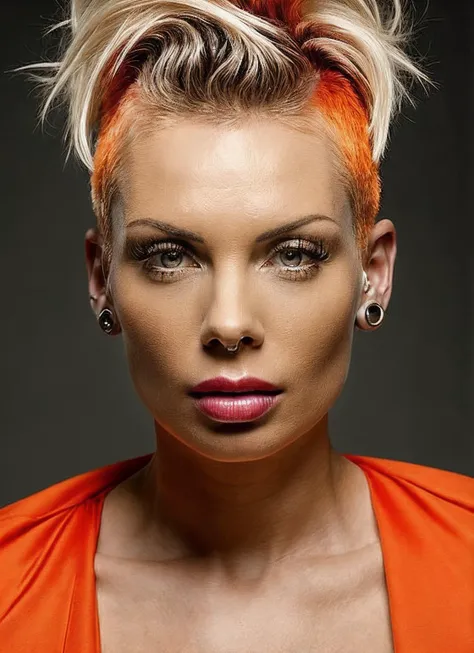 a close up of a woman with a bright orange top and a mohawk