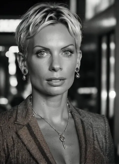 a close up of a woman with a necklace and earrings