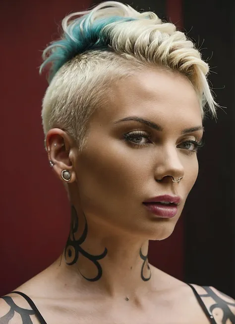 a woman with a tattoo on her chest and a piercing on her neck