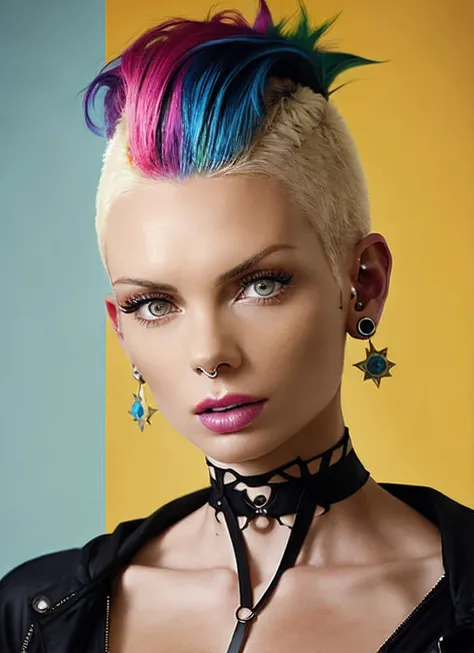 a close up of a woman with a colorful mohawk and piercings