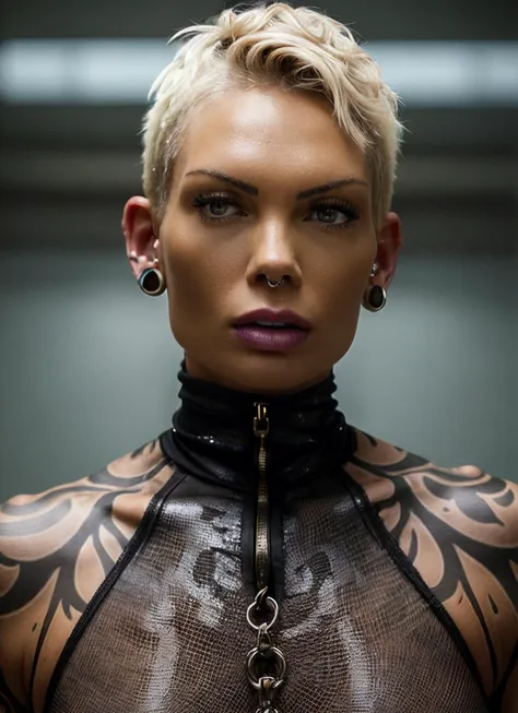 a woman with a tattoo on her chest and a black top