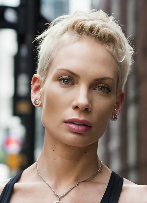 a close up of a woman with a necklace and a necklace on