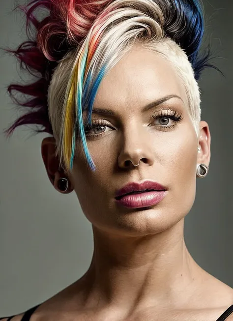 a close up of a woman with a colorful mohawk and piercings