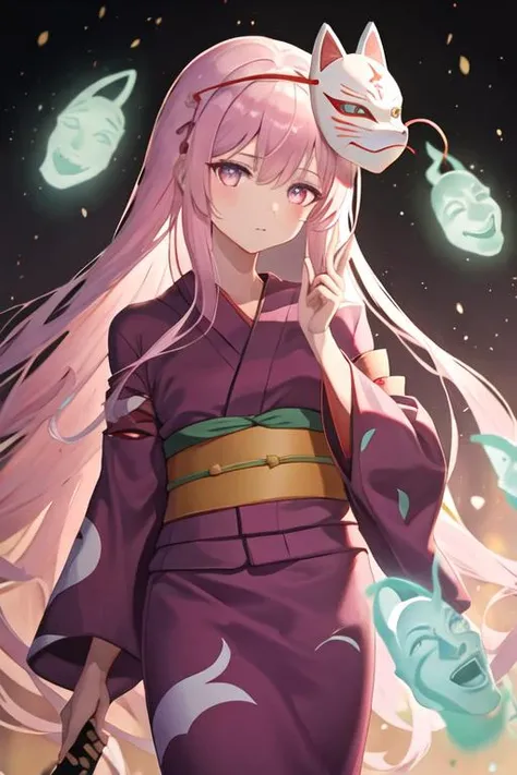 best quality, masterpiece, highres, solo, {yukata:1.40}, {kimono:1.20}, {hata_no_kokoro_touhou:1.15}, long_hair, pink_hair, pink_eyes, plaid, bow, expressionless, bangs, bowtie, very_long_hair, hair_between_eyes