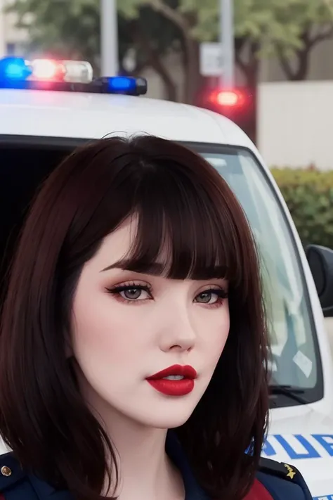 a close up of a woman with a police uniform and a police car