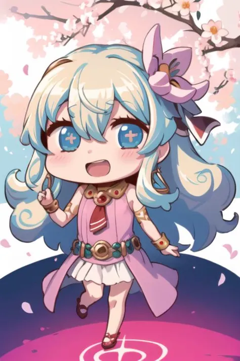 <lora:fgo_aprilfool_v2:0.9>, chibi,full body,+ +, 1girl, bangs, belt, blonde hair, blush, dress, eyebrows visible through hair, flower, gem, hair between eyes,hair ornament, jewelry, long hair, necklace, neckwear, open mouth, pink dress, red neckwear, slee...