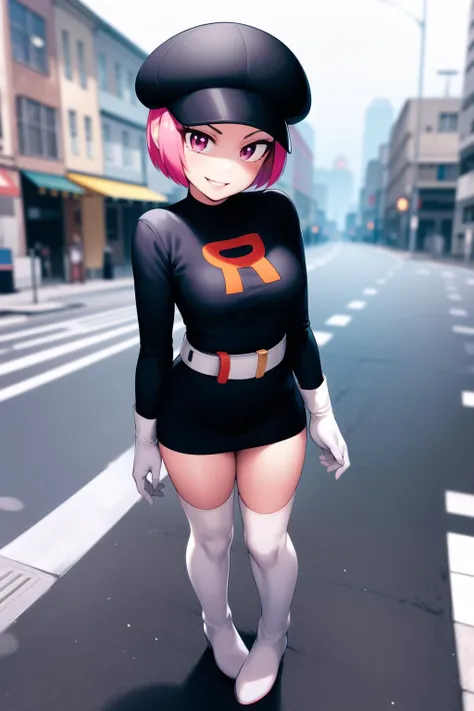 masterpiece, trgrunthgss, 1girl, solo, looking at viewer, smile, short hair, detailed background, thighhighs, gloves, hat, city background, dress, standing, full body, pink hair, boots, parted lips, belt, white gloves, pink eyes, black dress, zettai ryouik...