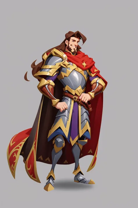 Concept Art,European and American Cartoons,Game Character Design,Solo,Armor,Long Hair,1boy,Brown Hair,Male Focus,Simple Background,Cape,Full Body,Long Hair,Standing,Gray Background,Cuirass,Boots,Shoulder Armor,Smile,Facial Hair,Circles,<lora:oukaV5:0.8>,