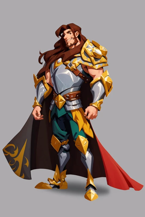 Concept Art,European and American Cartoons,Game Character Design,Solo,Armor,Long Hair,1boy,Brown Hair,Male Focus,Simple Background,Cape,Full Body,Long Hair,Standing,Gray Background,Cuirass,Boots,Shoulder Armor,Smile,Facial Hair,Circles,<lora:oukaV5:0.8>,