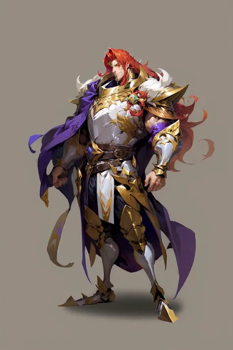 concept art,european and american cartoons,game character design,male focus,1boy,armor,solo,long hair,standing,red hair,full body,breastplate,shoulder armor,facial hair,muscles,beard,belt,looking at the audience,shut up,smile,muscular male,<lora:oukaV5:0.8...