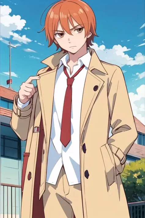 masterpiece, best quality, , 1boy, solo, male focus, looking at viewer, , , anime coloring, , <lora:atsushi_ootani:0.74>, atsushi_ootani, orange hair, brown eyes, trench coat, , control tower,