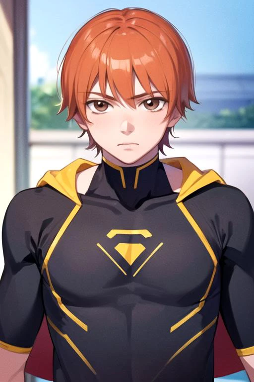 masterpiece, best quality, illustration, 1boy, solo, male focus, looking at viewer, upper body, , , realistic, <lora:atsushi_ootani:0.70>, atsushi_ootani, orange hair, brown eyes, superhero costume, bed room, 16k resolution