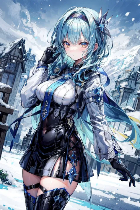 thick outlines, comics, photorealistic, perfect hands, masterpiece:1.2, snow, mountain, ice, colorful, standing, 1 girl, solo, <lora:StardustModel:0.8>, pikkyeula, blue hair, bangs, medium hair, yellow eyes, hairband, hair ornament, black hairband, thighhi...