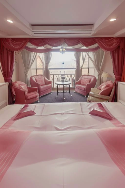 there is a large bed with a pink comforter in a room