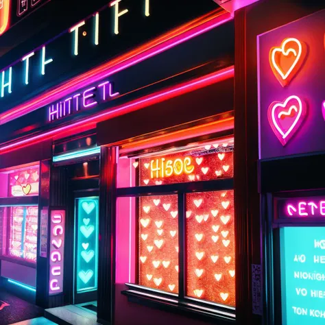 neon signs are lit up in front of a store front