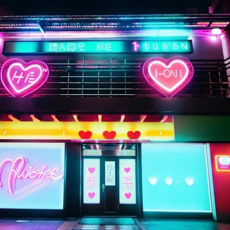 neon signs in front of a building with a neon sign above it