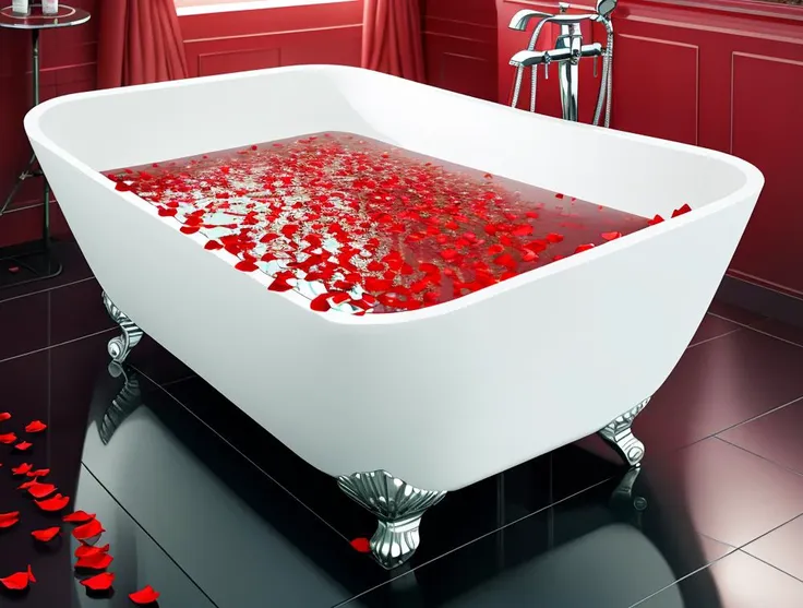 there is a bathtub with rose petals in it in a bathroom