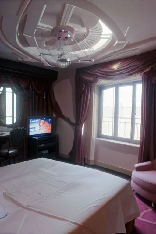 there is a bed and a chair in a room with a large window