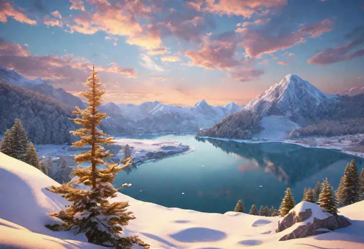 sunrise, snow mountain, icy lake, (masterpiece),((ultra-detailed)), conifers, (highly detailed CG illustration),(expressionless), (best quality:1.2), High quality texture, intricate details, detailed texture, High quality shadow, Cinematic Light, Depth of ...