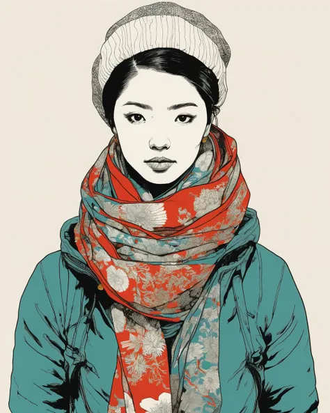 a woman with a scarf on her neck , art by Yuko Shimizu , art by Oliver Jeffers , art by Sammy Harkham , art by Simone Massoni