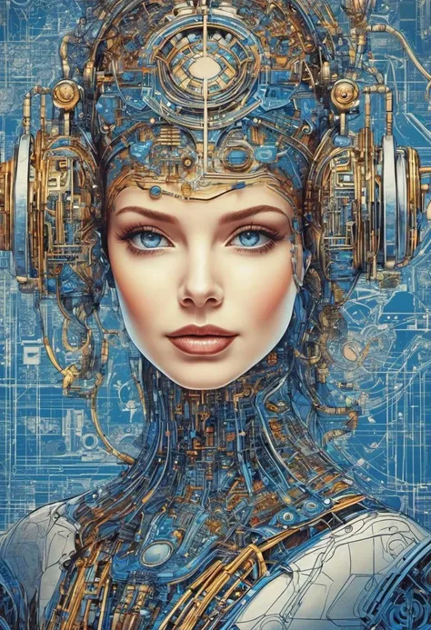 very very very beautiful female loves anthropomorphic artificial intelligence, blueprint in the style of olga sacharoff