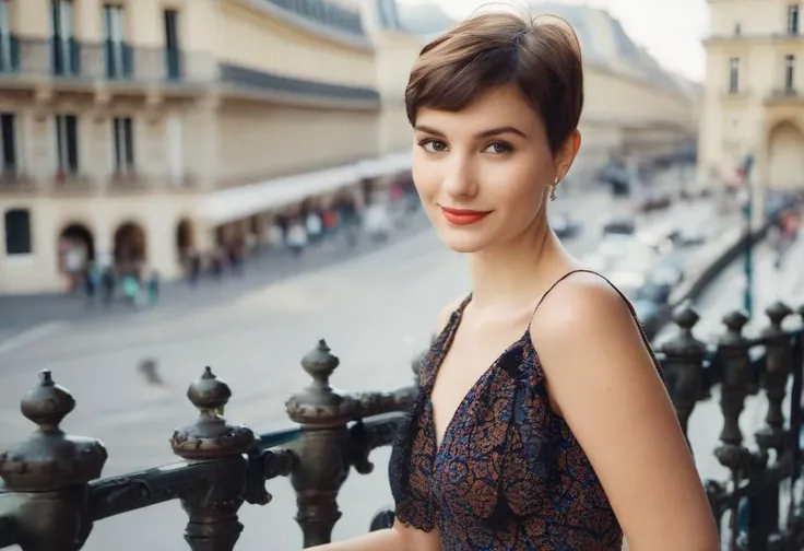 25-year old woman leaning on a railing with a lot of ornament in a french city looking lovingly into the camera. fit, summer dress, playful, beautiful face, pixie-cut