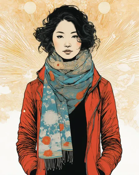 a woman with a scarf around her neck , art by Yuko Shimizu , art by Oliver Jeffers , art by Sammy Harkham , art by Simone Massoni