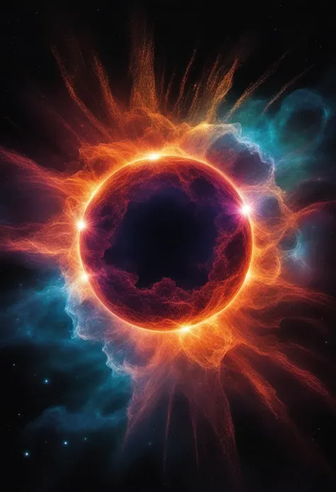 In a mesmerizing display of cosmic fireworks, a hypnotic holographic solar flare erupts with vibrant colors against the stark backdrop of an inky black sky. This high contrast, high key photograph captures the surreal beauty of the celestial phenomenon as ...