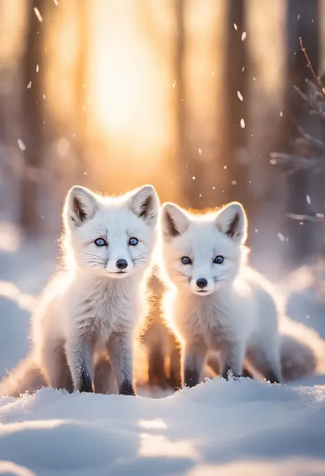 two white foxes sitting in the snow with the sun shining behind them