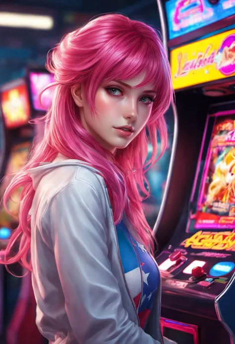 a woman with pink hair playing a video game in a casino