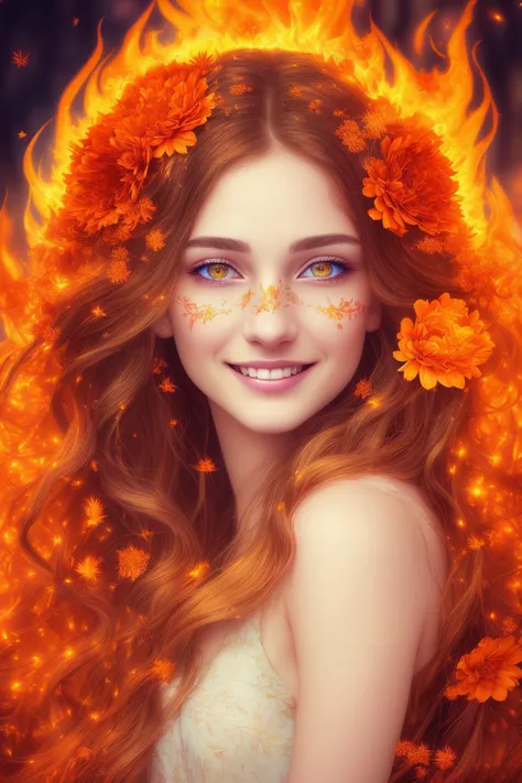 masterpiece, best quality, hair is turning into fire, hair is on fire, ((flowers and leaves in hair)), Fantasy, (light rayer:1.05), orange light particles, scenery, fire, Beautiful and detailed explosion, beautiful detailed glow, Flames burning around, Fla...