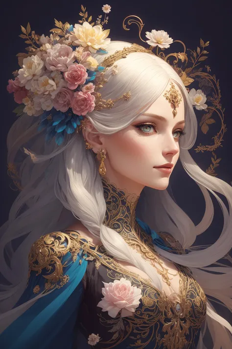 (skeleton like:0.4), ((female ornate princess)), (with white long flowing hair), (bright beautiful eyes), trending on artstation, flowers of hope by Jean-Honor Fragonard, Peter mohrbacher, hyper detailed, insane details, stunning, intricate, elite, art nou...