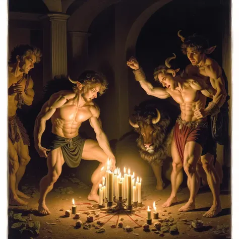 (Satyrs dance around a candle adorned pentagram as they make a blood sacrifice to the blood god), (masterpiece:1.3), (best quality:1.3), cinematic lighting, illustration by Larry Elmore and Todd Lockwood