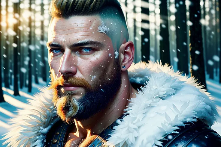 (close up:0.5), solo, (masterpiece), best quality, perfect face, ((oil painting)), (portrait:1.2), muscular, weathered, hairy, viking man, wearing leather tunic and furs, bright blue eyes, shaved sides of head, brownish blonde hair, celtic tattoos visible,...