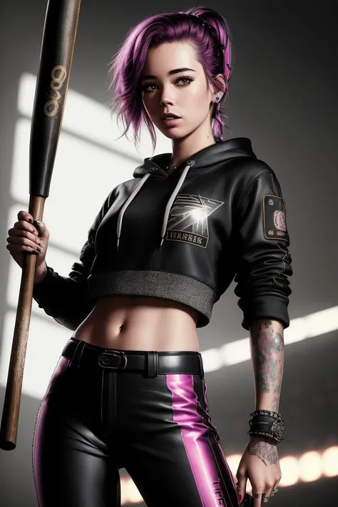 photo of (L414C0ST4:1.05), a woman as a sexy punk singer in an (80s movie:1.2), (holding a baseball bat:1.2), modelshoot style, (extremely detailed CG unity 8k wallpaper), photo of the most beautiful artwork in the world, professional majestic oil painting...