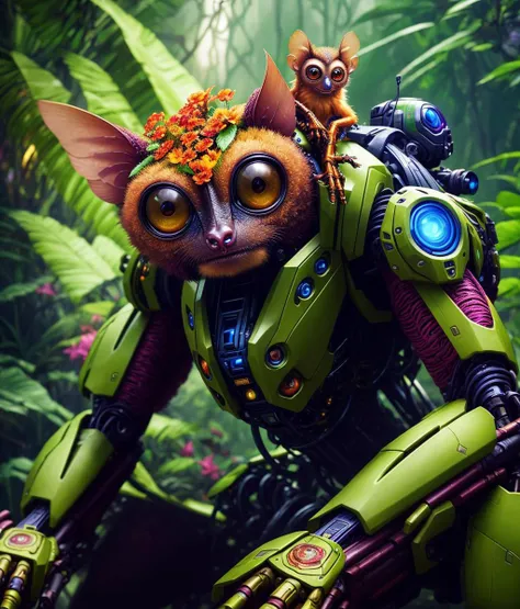 a tarsier  wearing a mech suit sitting on a jungle vine, poison flowers vines colorful ,  furry , detailed,  cinematic lighting, vibrant nature,  volumetric light, trending on artstation, octane rendering.", trending on artstation, sharp focus, studio phot...