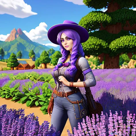 3d render:1.8, Realistic three-dimensional model:0.9, Detailed computer-generated image:1.3, High-quality virtual scene:1.4, Abigail from Stardew Valley game:1.8, Violet-haired video game character:0.9, Adventurous farmer girl:1.2, Enchanting pixel art per...