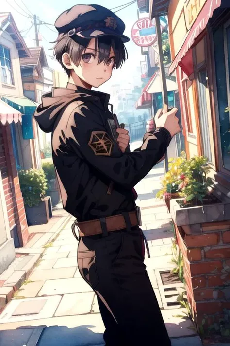 masterpiece, best quality, game cg, 1boy, solo, male focus, looking at viewer, , depth of field, (watercolor illustration, soft pastel colors:1.1), , <lora:hanako-kun:0.74>, hanako-kun, black hair, brown eyes, , thief costume, superhero fiction, 12k resolu...