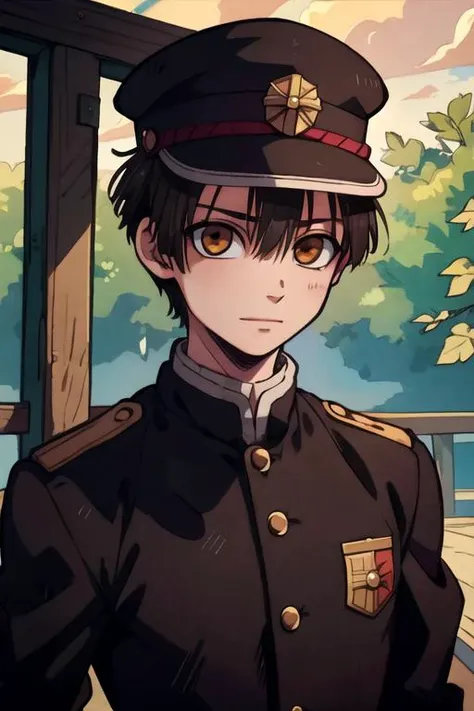 masterpiece, best quality, photorealistic, 1boy, solo, male focus, looking at viewer, upper body, , , realistic, <lora:hanako-kun:0.68>, hanako-kun, black hair, brown eyes, hat, , , military base, High resolution