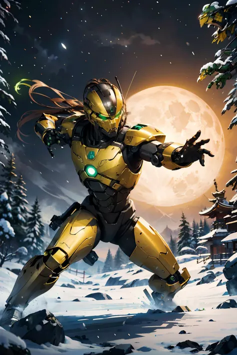 cyrax,robot,long hair, glowing green eyes,fighting pose, 
outside, ninja temple, snow, night, full moon, 
extreme detail, hdr, masterpiece, fantasy quality, <lora:Cyrax_v1:.5>