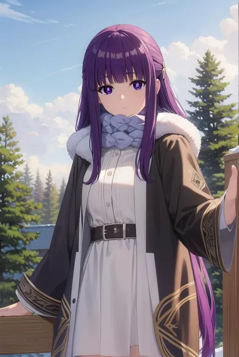 fern, <lora:fern s1-lora-nochekaiser:1>,
fern, long hair, bangs, (purple eyes:1.1), purple hair, sidelocks, blunt bangs, (bright pupils:1.5), half updo,
BREAK skirt, long sleeves, jacket, belt, scarf, coat, fur trim, black belt,
BREAK outdoor, sky, clouds,...