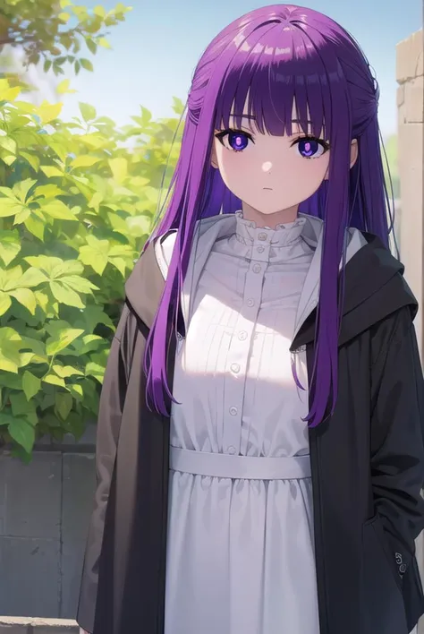 anime girl with purple hair and long purple hair standing in front of a fence