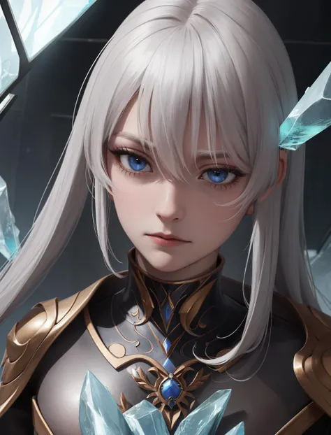 portrait, solo, half shot, looking down, detailed background, detailed face, (<lora:StonepunkAI:0.8>, stonepunkAI, stone theme:1.1), intense expression,  glass-cyborg, (made of glass:1.1),    champion, gemstone armor, dirty glass, arcane,  magical symbols,...