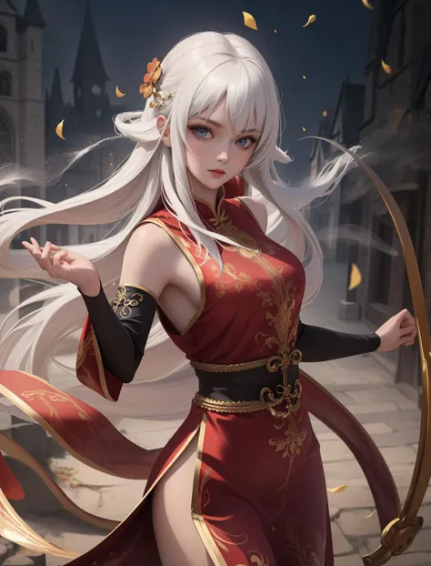 Style-GravityMagic, looking at viewer, solo, half shot, detailed background, detailed face, (eastern dragon theme:1.1),   monk, dynamic pose, fighting stance, clenched fist,    colorful dragon themed clothes, sleeveless fighter clothes, medieval town squar...