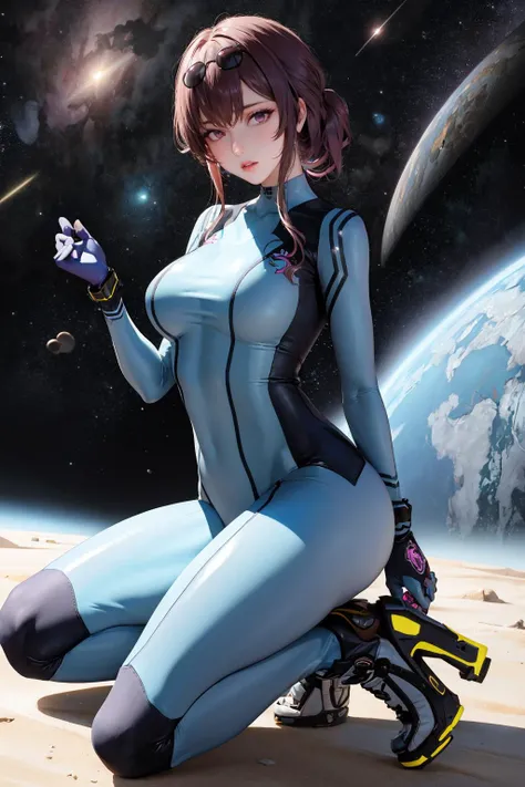 masterpiece, best quality, kafka, purple eyes, sunglasses on head, zero suit, blue gloves, high heels, large breasts, outer space <lora:kafka-nvwls-v2-000012:0.7> <lora:zerosuit-nvwls-v1-final:1>