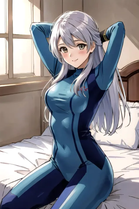 <lora:micaiah-fef:0.6>, micaiah fe, 1girl, solo, looking at viewer, blush, sitting, on bed, seductive smile, <lora:zerosuit-nvwls-v1-final:0.8>, zero suit, blue gloves, cowboy shot, arms behind head