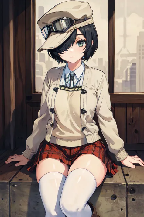 (best quality, masterpiece, RAW photo,ultra-detailed:1.2), <lyco:GoodHands-beta2:1.0>,1girl,solo,looking at viewer, 
 <lyco:Crook:0.5>crook mofus,hair over one eye,plaid skirt, goggles on headwear, hat, white thighhighs, boots, bust shot,