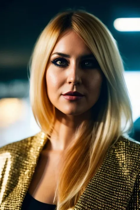 a woman with blonde hair and a gold jacket looks at the camera