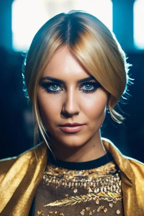 a woman with blonde hair and a gold jacket posing for a picture